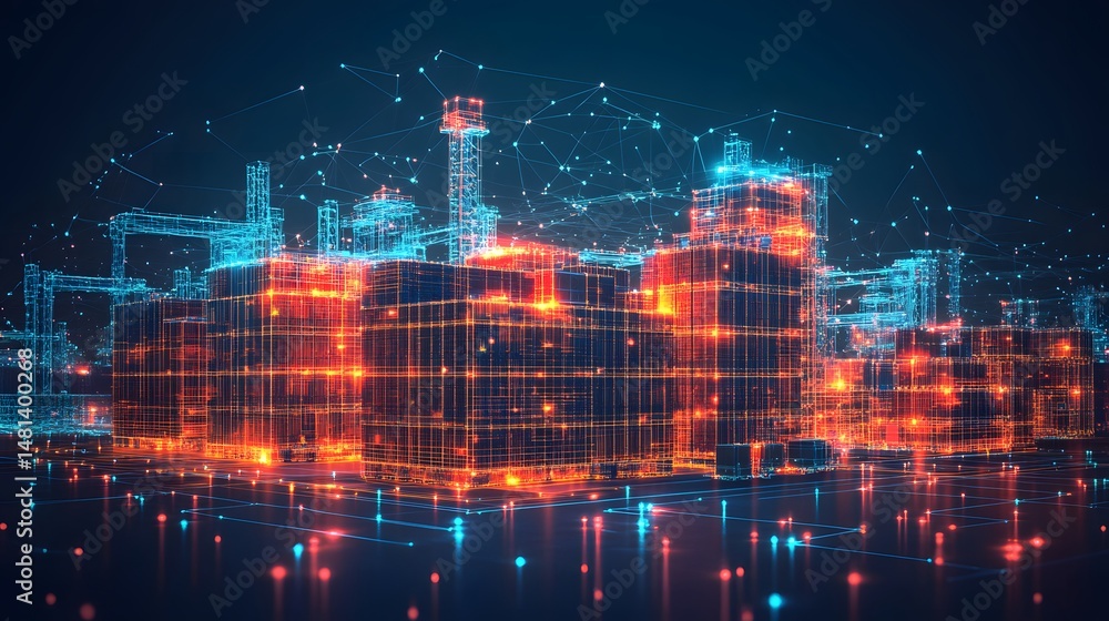 Poster futuristic cityscape of glowing lines and grids. warm orange and cool blue tones create a technologi