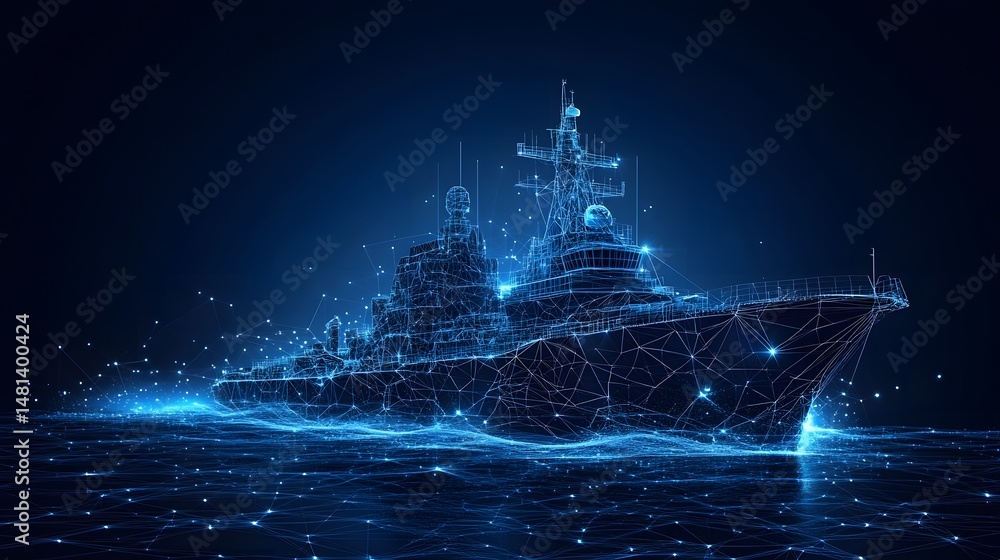 Poster futuristic warship blueprint floating on a digital sea. high-tech naval vessel design with glowing n