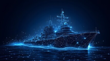 Fototapeta premium Futuristic warship blueprint floating on a digital sea. High-tech naval vessel design with glowing network lines. A modern and sleek illustration. Abstract wireframe in dark blue.