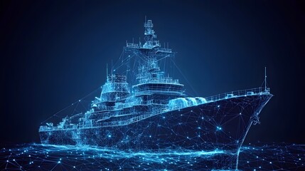 Fototapeta premium Futuristic warship depicted in a striking blue wireframe against a dark blue background. A modern and abstract representation of naval power. Abstract wireframe in dark blue