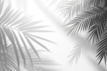 Soft shadows of tropical leaves on a light background.  Delicate palm fronds cast graceful, diffused shadows on a plain white backdrop.  A grayscale image