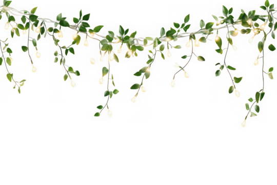 Hanging string of decorative lights with green leaves and white bulbs, festive garland decoration isolated on transparent background