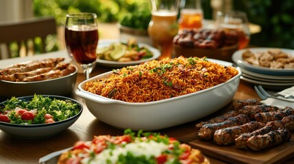 Fototapeta premium Delicious Outdoor Summer Feast: Grilled Kebabs, Rice, Salad, and More!
