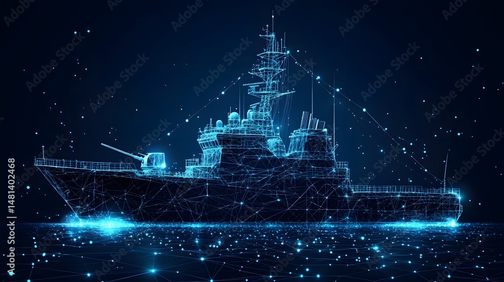 Poster futuristic warship navigates a digital ocean, glowing with interconnected lines in a dark blue backd
