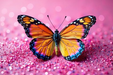 Obraz premium Pink glitter surface with colorful butterfly wings spread wide, pink, colorful