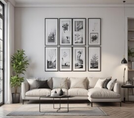 Bright, airy living room, empty black frames on wall, modern mockup ,  interior design,  neutral tones,  interior styling