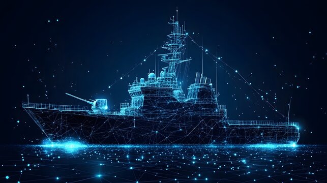 Futuristic warship navigates a digital ocean, glowing with interconnected lines in a dark blue backdrop. A high-tech naval projection showcases advanced technology. Abstract wireframe in dark blue.