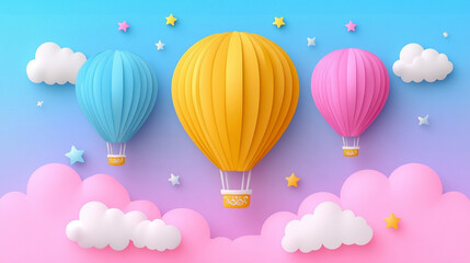 Paper hot air balloons soar above pink clouds in a starry sky