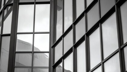 A modern building's reflective glass facade showcases a geometric pattern in black and white, highlighting architectural design
