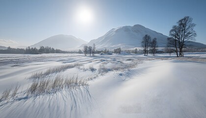 Obraz premium Vast snowy landscape with mountain range backdrop.