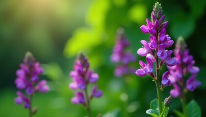 Vibrant purple penstemon flowers against a lush green background with intricate details, showcasing unique texture and shape , horticulture, flora