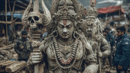 Fierce shiva in bhairava form sacred site sculpture vibrant festival close-up divine protection