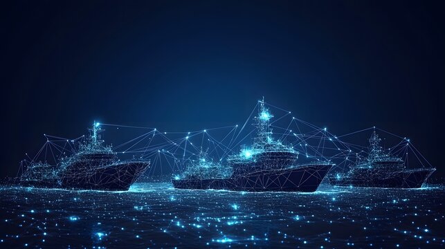 Futuristic warships sail on a digital ocean of blue dots. Polygonal, wireframe design emphasizes technology and networks. Glowing points connect the sky. Abstract wireframe in dark blue.