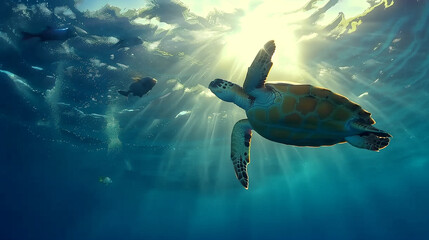 Endangered Hawaiian Green Sea Turtle gliding through ocean waters, a serene glimpse of marine conservation in action