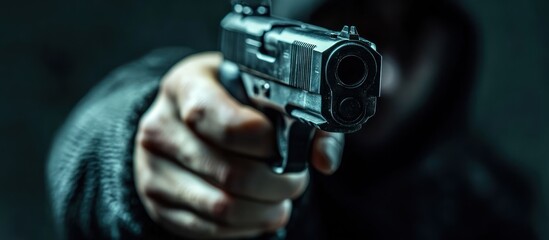 Person holding gun aiming, dark background, potential use for crime, violence, or self-defense image