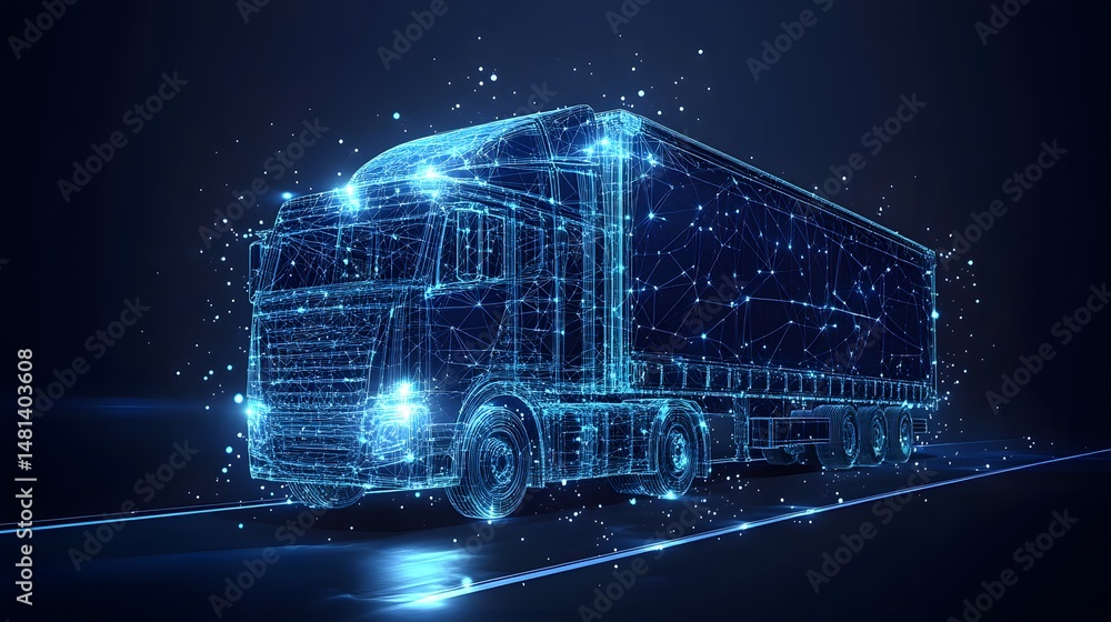 Poster futuristic semi-truck with a glowing wireframe design. a modern, technological take on transportatio