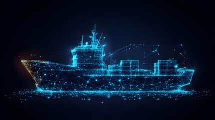 Obraz premium Futuristic cargo ship concept crafted from glowing blue network lines. Digital representation of maritime technology and global trade. Abstract wireframe in dark blue