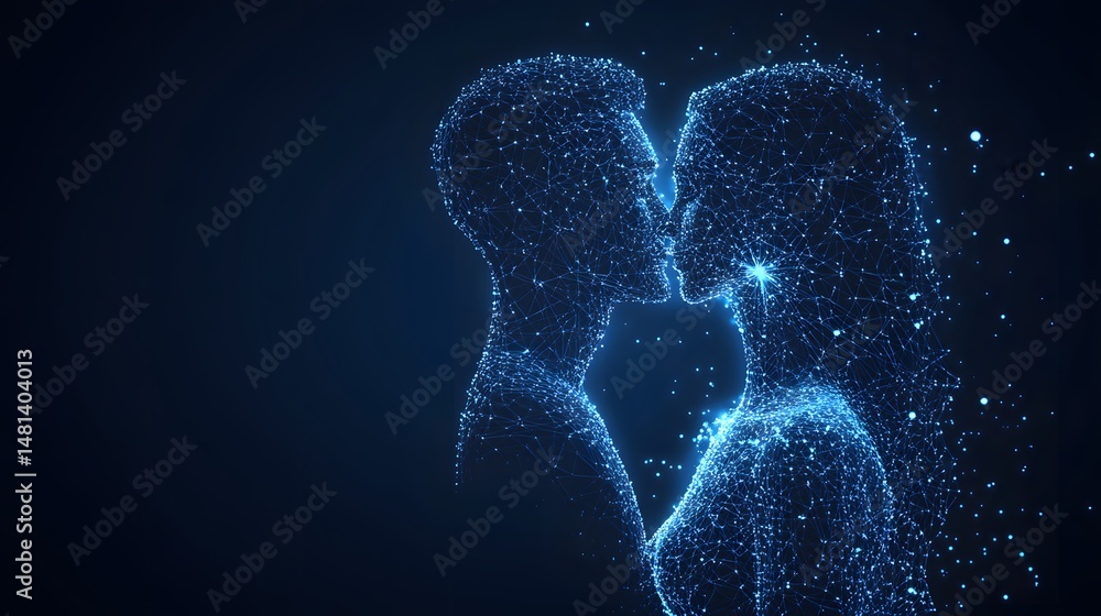 Poster futuristic love concept featuring abstract wireframe figures embracing. a digital portrayal of intim