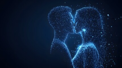 Futuristic love concept featuring abstract wireframe figures embracing. A digital portrayal of intimacy and connection in bright blue against a dark backdrop. Abstract wireframe in dark blue
