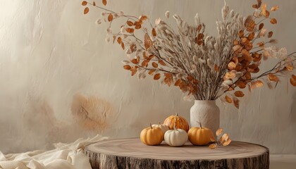 Autumnal arrangement on a rustic wooden stump.