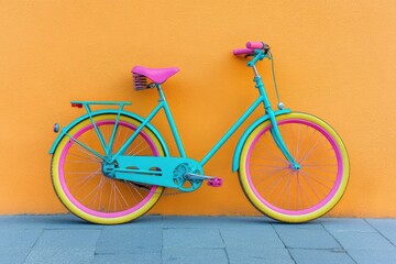 Vibrant teal bicycle against an orange wall