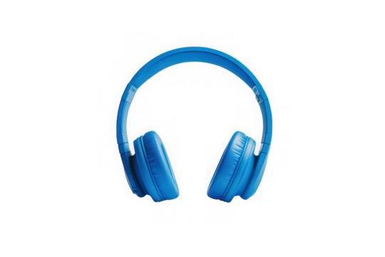 A pair of vibrant blue over-ear headphones with a sleek design, perfect for music lovers and audiophiles isolated on transparent background