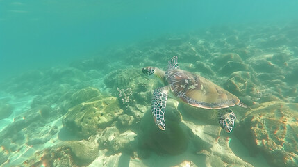 Naklejka premium Endangered Hawaiian Green Sea Turtle gliding through ocean waters, a serene glimpse of marine conservation in action