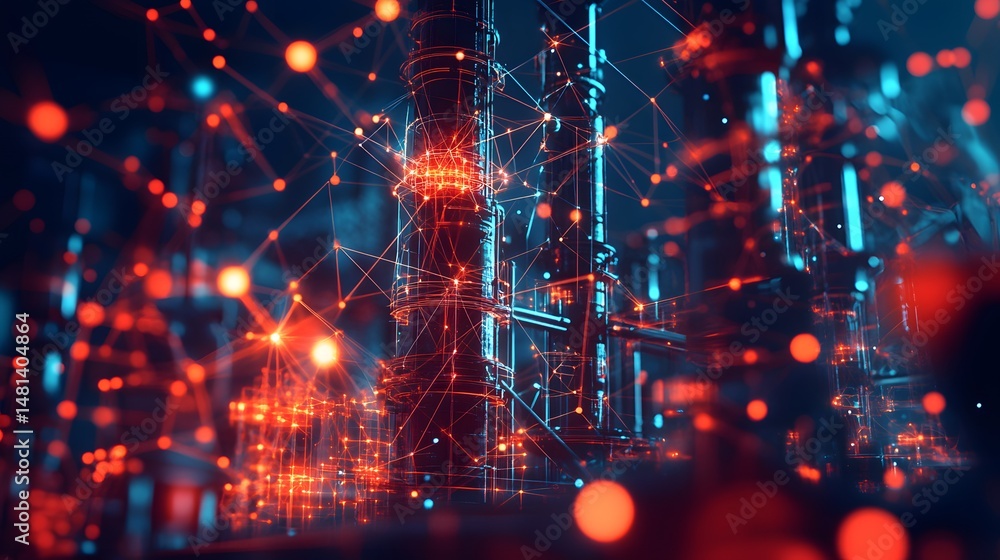 Aufkleber intricate network of industrial towers interconnected by glowing spheres and lines. futuristic techn