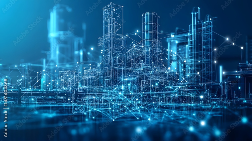 Aufkleber Futuristic city rendered in striking blue wireframe. Towering structures and interconnected networks create a digital landscape suggesting advanced technology. Abstract wireframe in dark blue.