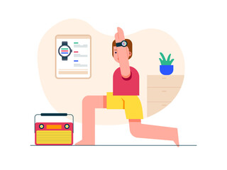 Obraz premium Man doing stretch exercise. Healthy life illustration. Flat vector illustration concept