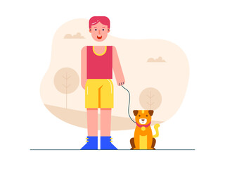 Naklejka premium Boy walking in the park with a dog, happy to be with his favourite pet. Healthy life illustration. Flat vector illustration concept