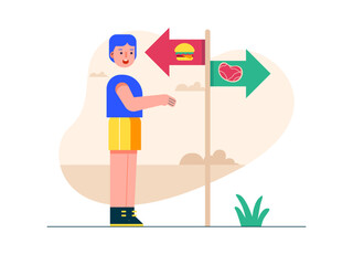 Young man looking at directions, choosing healthy food or junk food. Healthy life illustration. Flat vector illustration concept