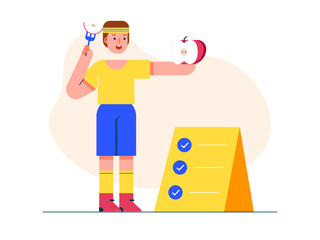 Young boy eating an apple, after working out to become an athlete. Healthy life illustration. Flat vector illustration concept