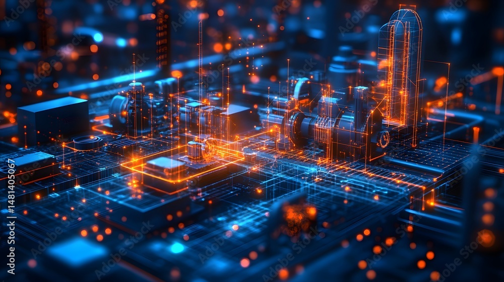Leinwandbilder Futuristic technology landscape with interconnected blue circuits and orange highlights, evoking data flow and complex systems. Perfect for tech and innovation visuals. Abstract wireframe in dark blue