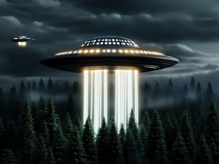 dark and mysterious 3d rendering of a large unidentified flying object (ufo) hovering over a dense forest under a night sky, the sky is covered with dark gray clouds