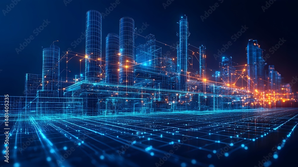 Fototapete Futuristic cityscape wireframe rendering showcasing interconnected buildings and data networks. Visualizing urban technology and digital infrastructure. Abstract wireframe in dark blue.