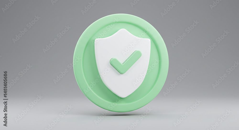 Poster 3d rendering of a white shield with a green check mark, symbolizing security and protection