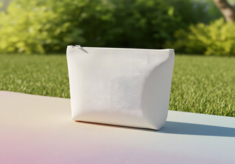 Blank cosmetic bag mockup on grass