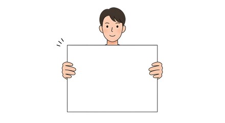 Business man Holding Blank Signboard and Poster with Both Hands, Holding an empty sheet of paper with a white background, notices and announcements with whiteboard
