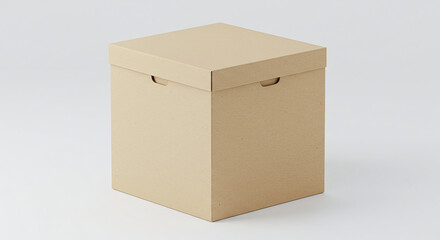 Closed beige cardboard box standing on white background
