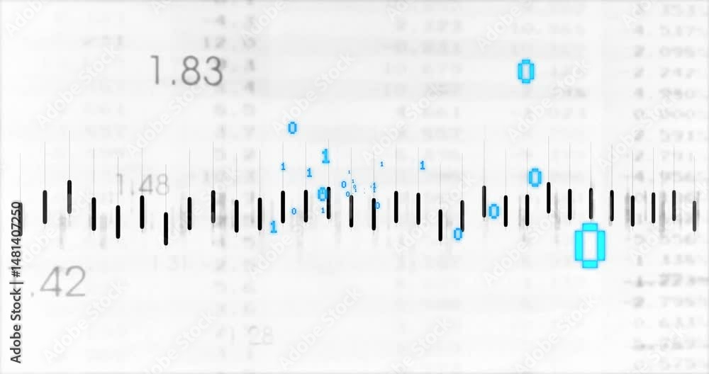Poster data visualization showing neon blue binary digits floating amid black bars over faded numbers