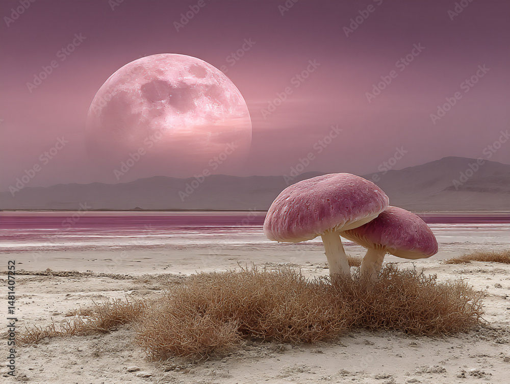 Poster mysterious 3d rendering of a surreal alien planet with giant, glowing mushrooms towering over a land