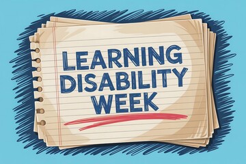 A stack of lined paper with learning disability week written in blue on a light blue background