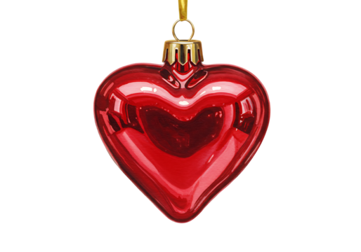 Shiny red heart ornament hanging on a ribbon against a black background for valentine's day