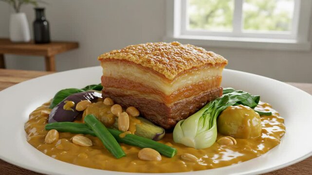 Crispy lechon kawali dish with vegetables, peanut sauce on a white plate.