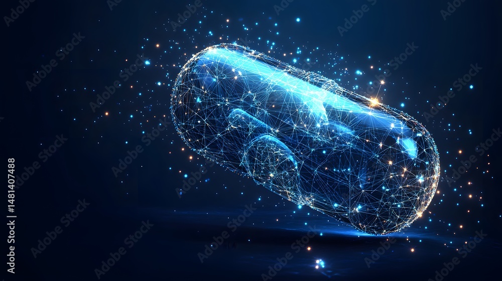 Leinwandbilder Futuristic capsule hovering in dark blue space. Interconnected lines and glowing particles create an ethereal, technological feel. Reflective surface below adds depth. Abstract wireframe in dark blue.