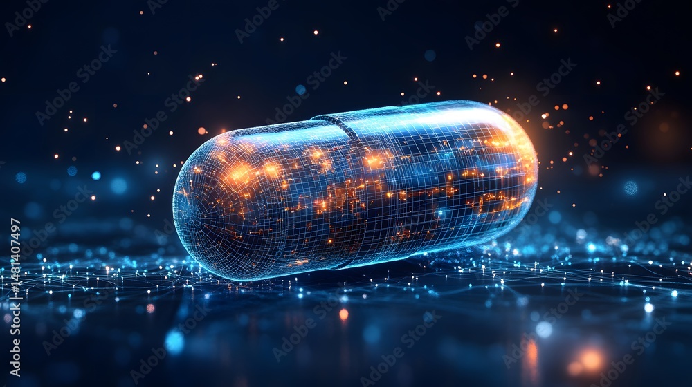Leinwandbilder futuristic capsule with glowing blue grid and vibrant lights creates a tech marvel. dark background 