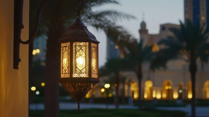 Illuminated Moroccan Lantern at Dusk, Middle Eastern Architecture in the Background