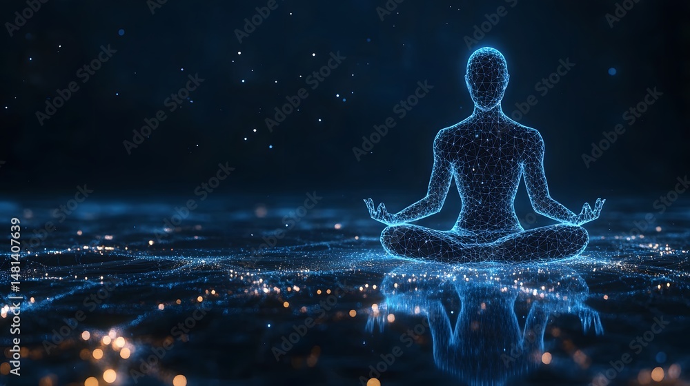Poster meditative digital figure in lotus pose, interconnected blue lines against a dark starry background.