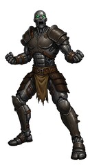 Illustration of a metal humanoid robot warrior with glowing green eyes and open mouth in armor
